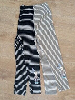 2 Pairs Of Striped Kids Leggings with Bunny Applique - Black & Beige